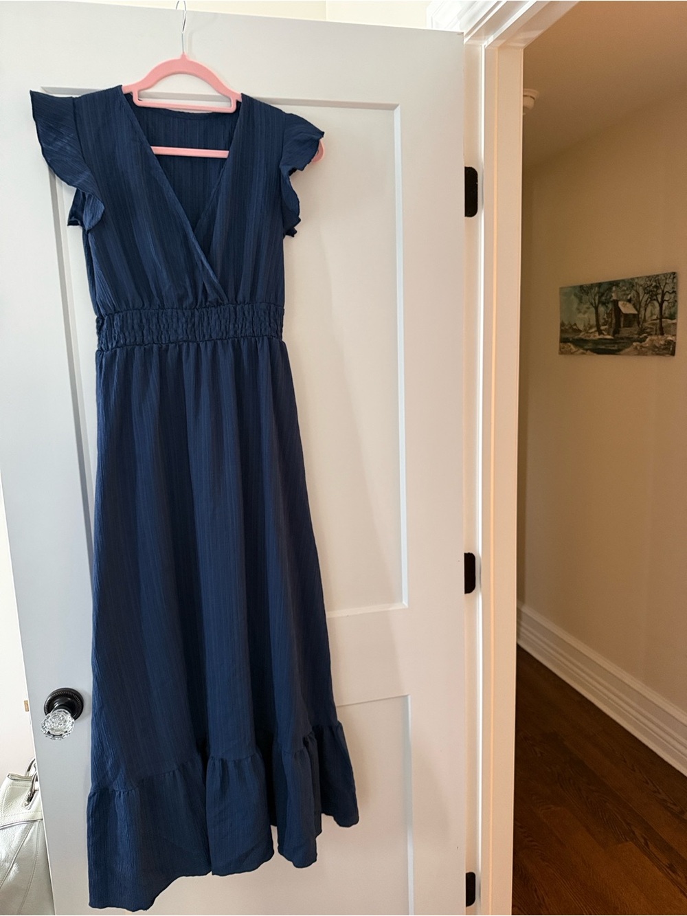 Never Worn womens size S Navy Blue Ruffle Sleeve Maxi Dress